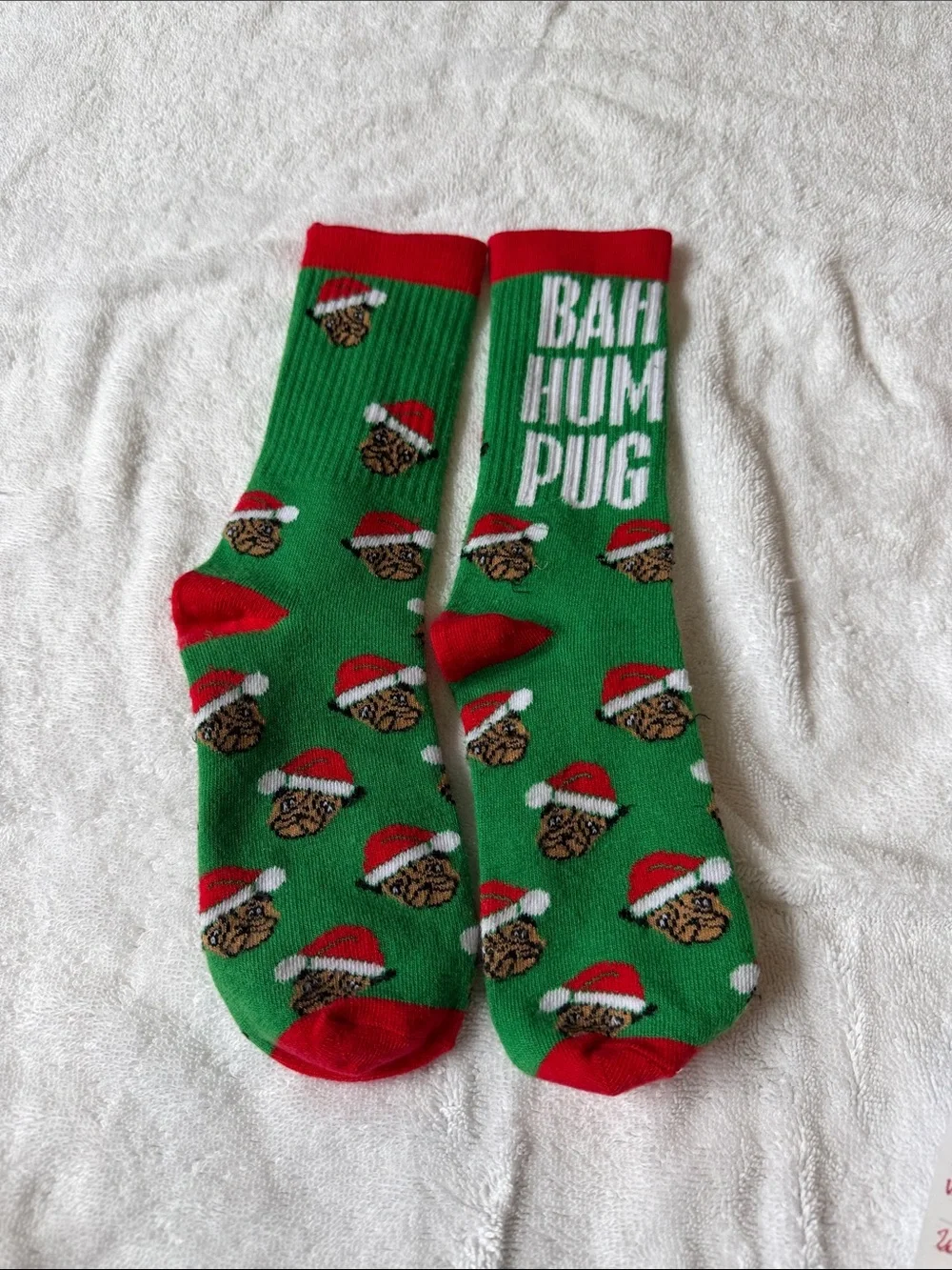 Bah Hum Pug Holiday Crew Socks in Green
